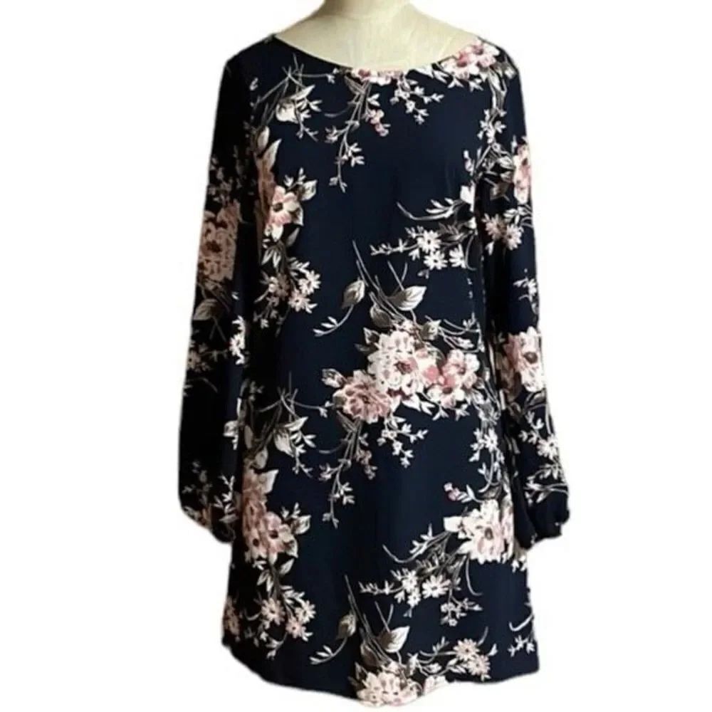 ✨Vanilla Bay Floral Dress Large Long Sleeve Dark Pink Cream Shift✨